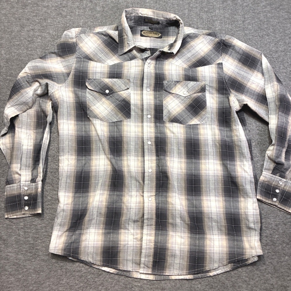 Canyon Guide Outfitters Western Shirt Mens XL Grey Plaid Pearl Snap Long Sleeve